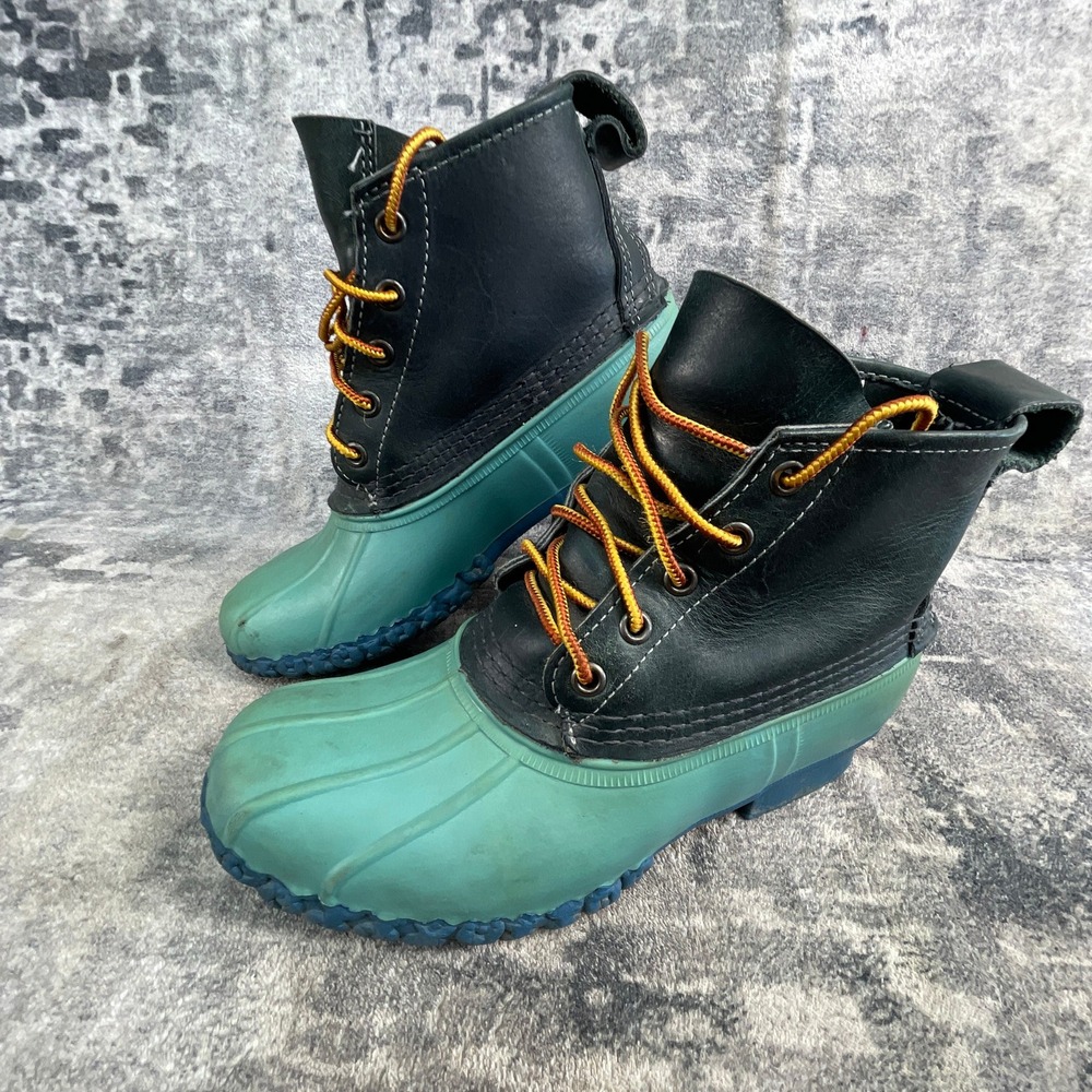 LL Bean Youth 3 M Duck Boots Teal‎ Green Blue Leather Rubber Rain Boots USA Made